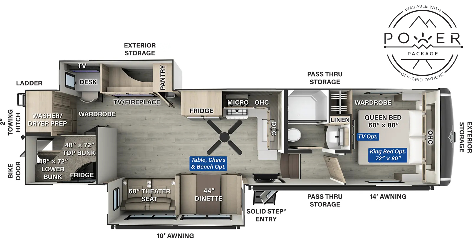 The Flagstaff Classic Fifth Wheels F378BH floorplan has one entry and two slide outs. Exterior features include: fiberglass exterior and 10' & 14' awning. Interiors features include: bunk beds and front bedroom.